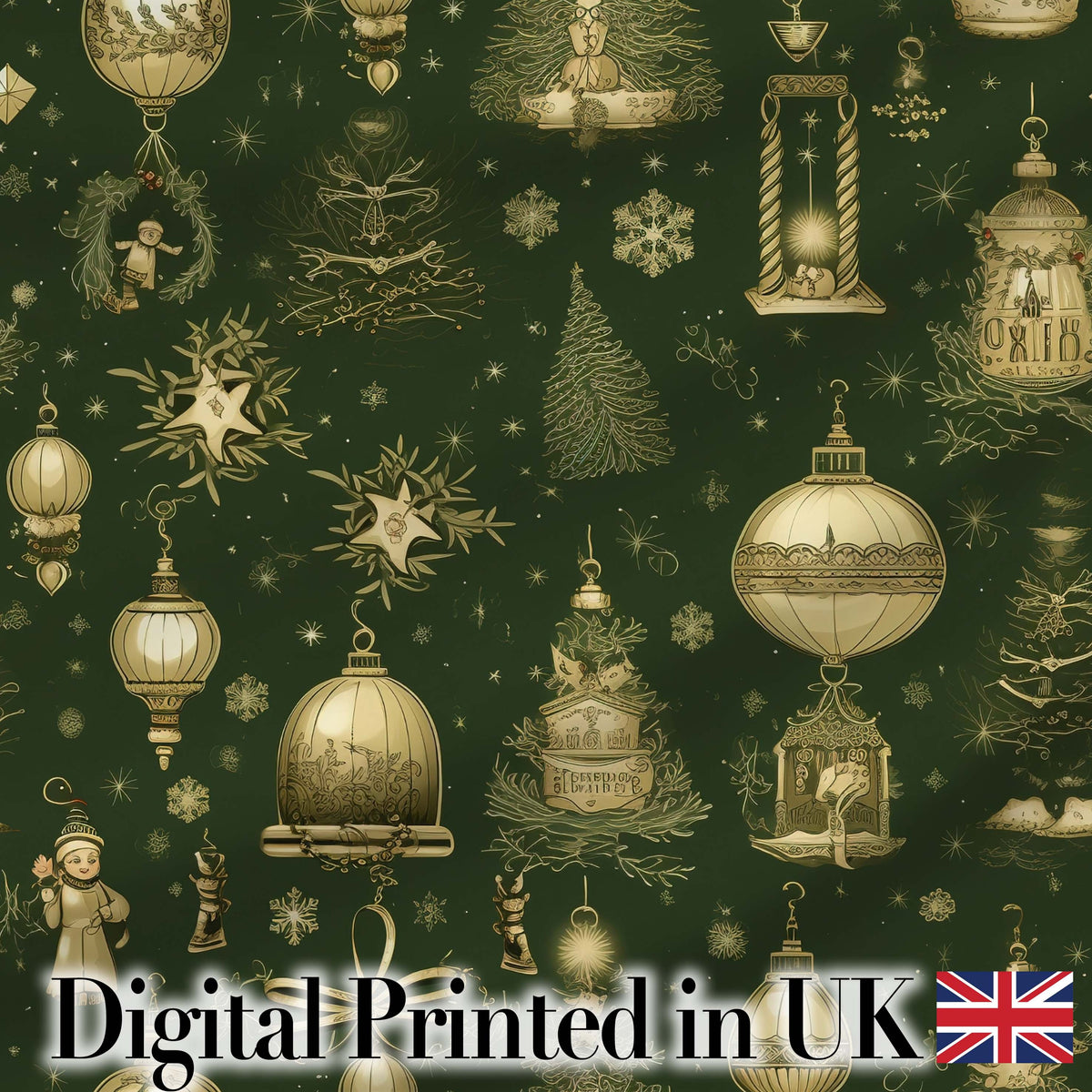 Luxury Christmas Gold Ornament Tree Winter Seamless Pattern Digital Print Fabric by the Metre UK Sewing Quilting Textile