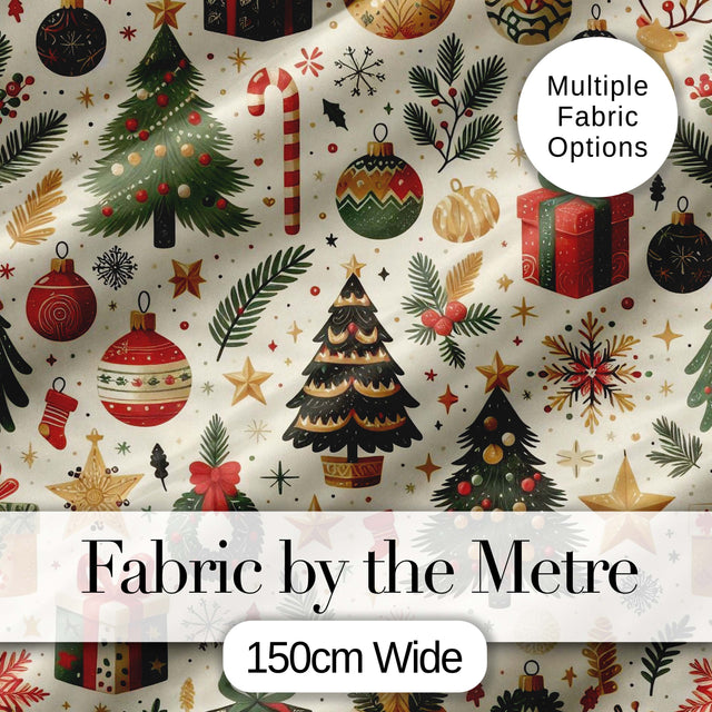 Festive Christmas Ornament Candy Cane Tree Holiday Seamless Pattern Digital Print Fabric by the Metre UK Sewing Quilting Textile