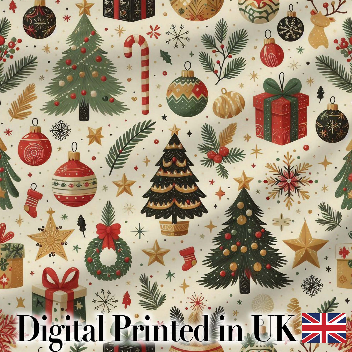 Festive Christmas Ornament Candy Cane Tree Holiday Seamless Pattern Digital Print Fabric by the Metre UK Sewing Quilting Textile