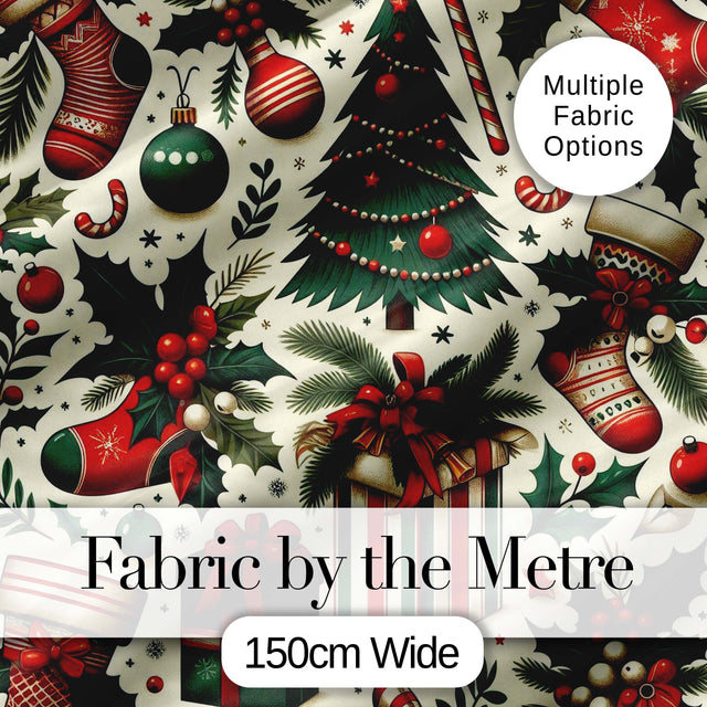 Classic Christmas Tree Gift Holly Berry Festive Seamless Pattern Digital Print Fabric by the Metre UK Sewing Quilting Textile