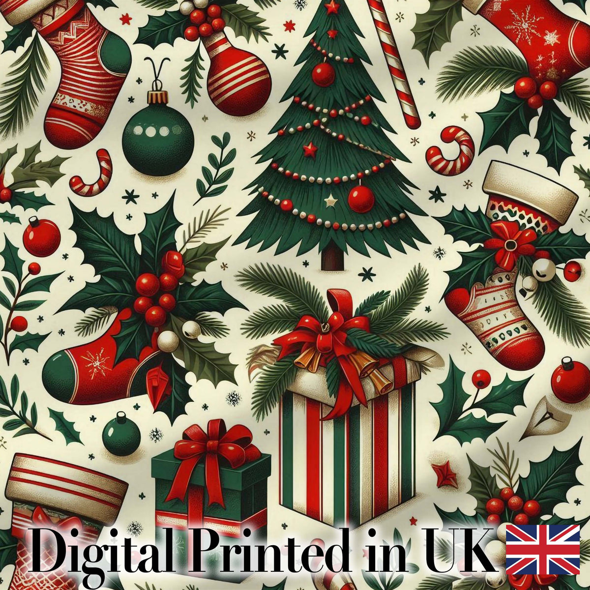 Classic Christmas Tree Gift Holly Berry Festive Seamless Pattern Digital Print Fabric by the Metre UK Sewing Quilting Textile