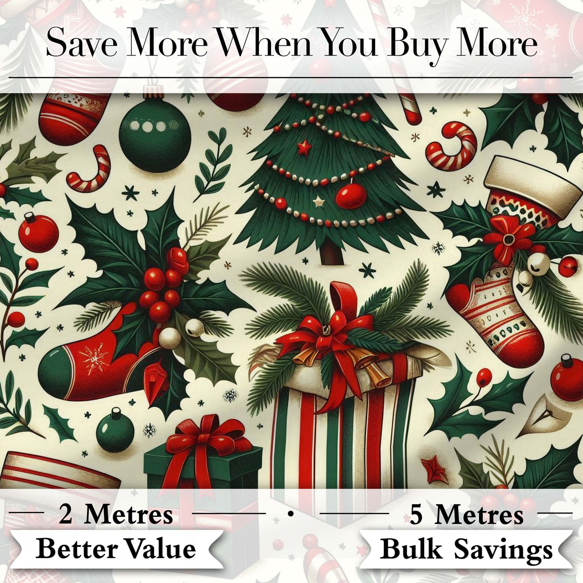 Classic Christmas Tree Gift Holly Berry Festive Seamless Pattern Digital Print Fabric by the Metre UK Sewing Quilting Textile
