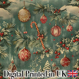 Vintage Christmas Ornament Holly Candy Cane Festive Seamless Pattern Digital Print Fabric by the Metre UK Sewing Quilting Textile