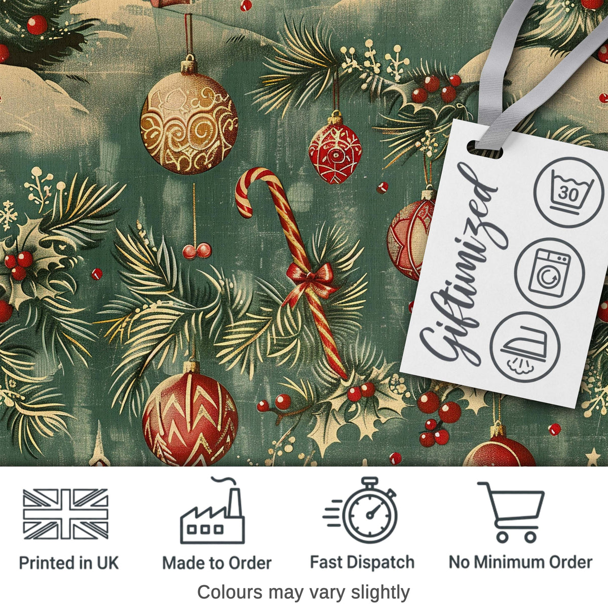 Vintage Christmas Ornament Holly Candy Cane Festive Seamless Pattern Digital Print Fabric by the Metre UK Sewing Quilting Textile
