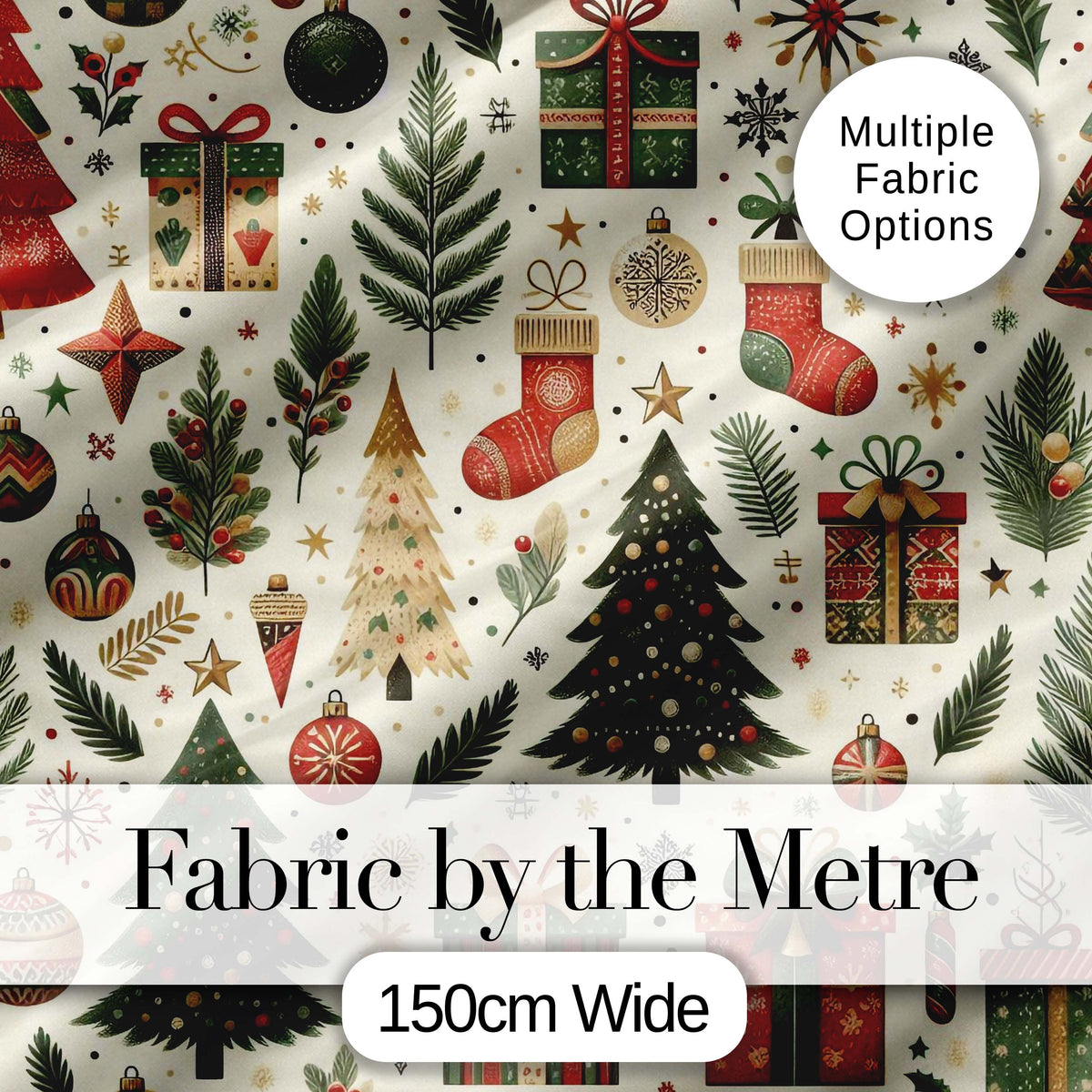 Christmas Tree Gift Stocking Ornament Holiday Seamless Pattern Digital Print Fabric by the Metre UK Sewing Quilting Textile