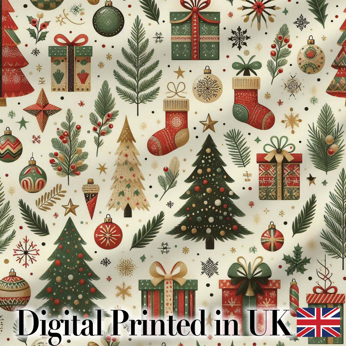 Christmas Tree Gift Stocking Ornament Holiday Seamless Pattern Digital Print Fabric by the Metre UK Sewing Quilting Textile