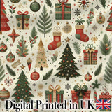 Christmas Tree Gift Stocking Ornament Holiday Seamless Pattern Digital Print Fabric by the Metre UK Sewing Quilting Textile
