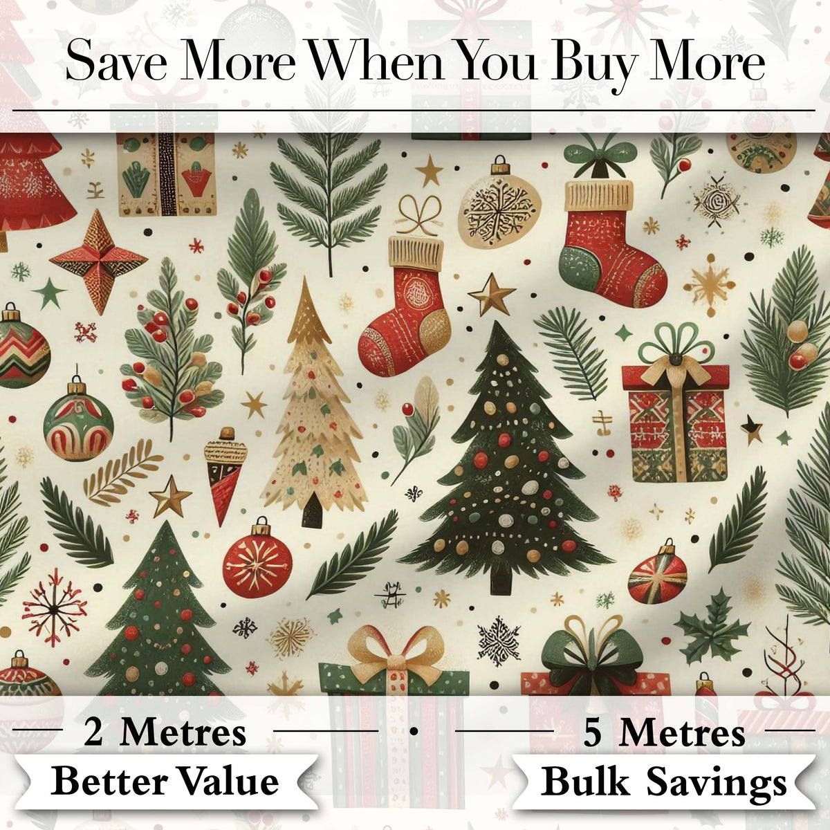 Christmas Tree Gift Stocking Ornament Holiday Seamless Pattern Digital Print Fabric by the Metre UK Sewing Quilting Textile