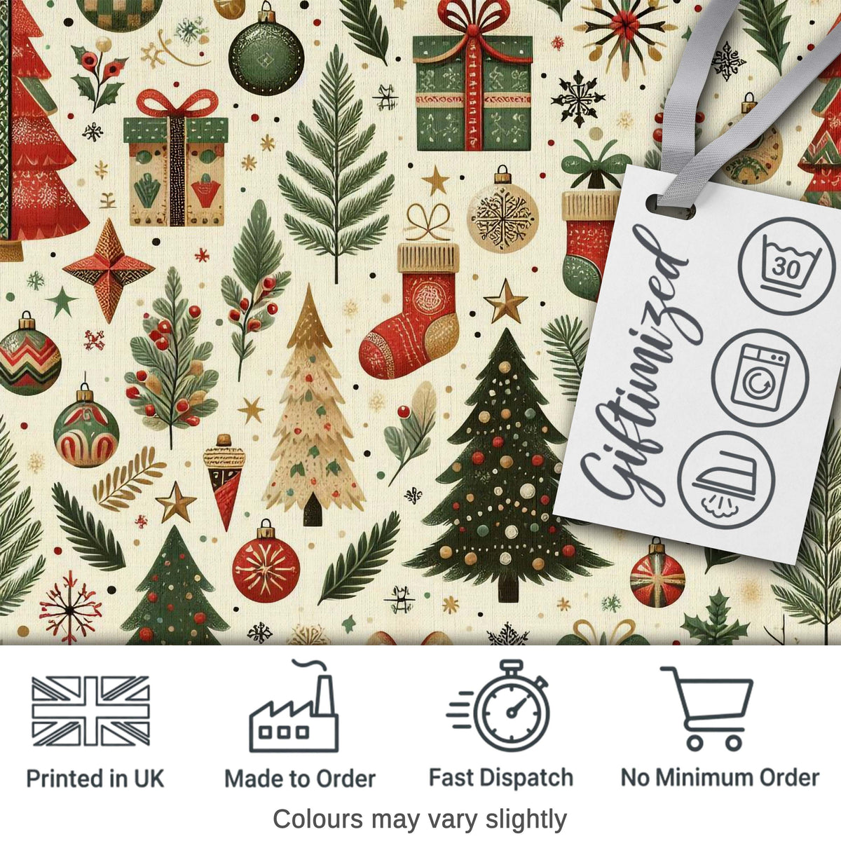 Christmas Tree Gift Stocking Ornament Holiday Seamless Pattern Digital Print Fabric by the Metre UK Sewing Quilting Textile