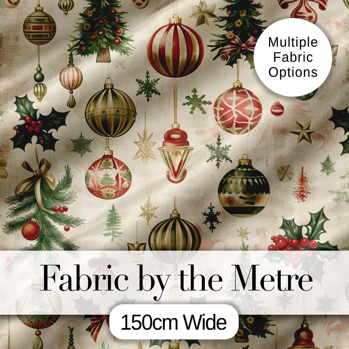 Classic Hanging Christmas Bauble Tree Holly Elegant Seamless Pattern Digital Print Fabric by the Metre UK Sewing Quilting Textile
