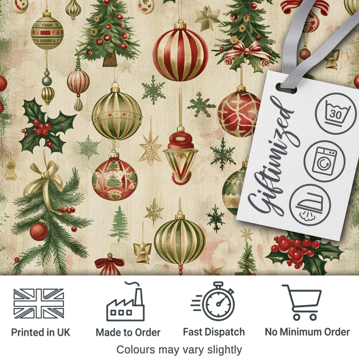 Classic Hanging Christmas Bauble Tree Holly Elegant Seamless Pattern Digital Print Fabric by the Metre UK Sewing Quilting Textile