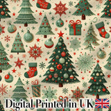Christmas Tree Snowflake Ornament Holiday Festive Seamless Pattern Digital Print Fabric by the Metre UK Sewing Quilting Textile