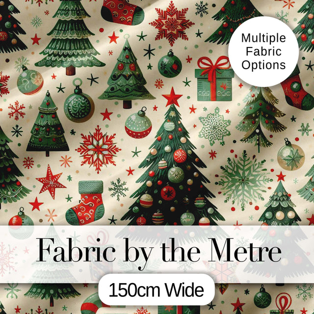 Vintage Snowman Candy Cane Christmas Tree Cute Seamless Pattern Digital Print Fabric by the Metre UK Sewing Quilting Textile