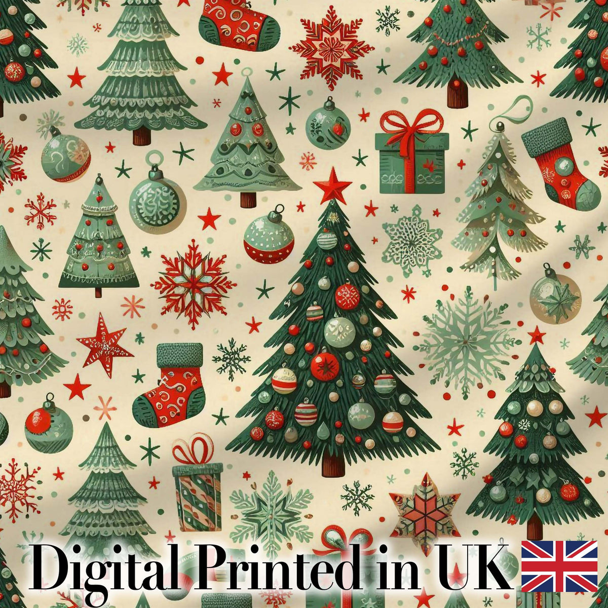 Vintage Snowman Candy Cane Christmas Tree Cute Seamless Pattern Digital Print Fabric by the Metre UK Sewing Quilting Textile