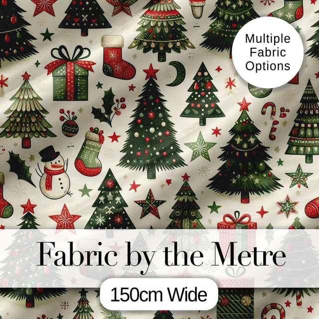 Festive Christmas Tree Stocking Snowman Holiday Seamless Pattern Digital Print Fabric by the Metre UK Sewing Quilting Textile