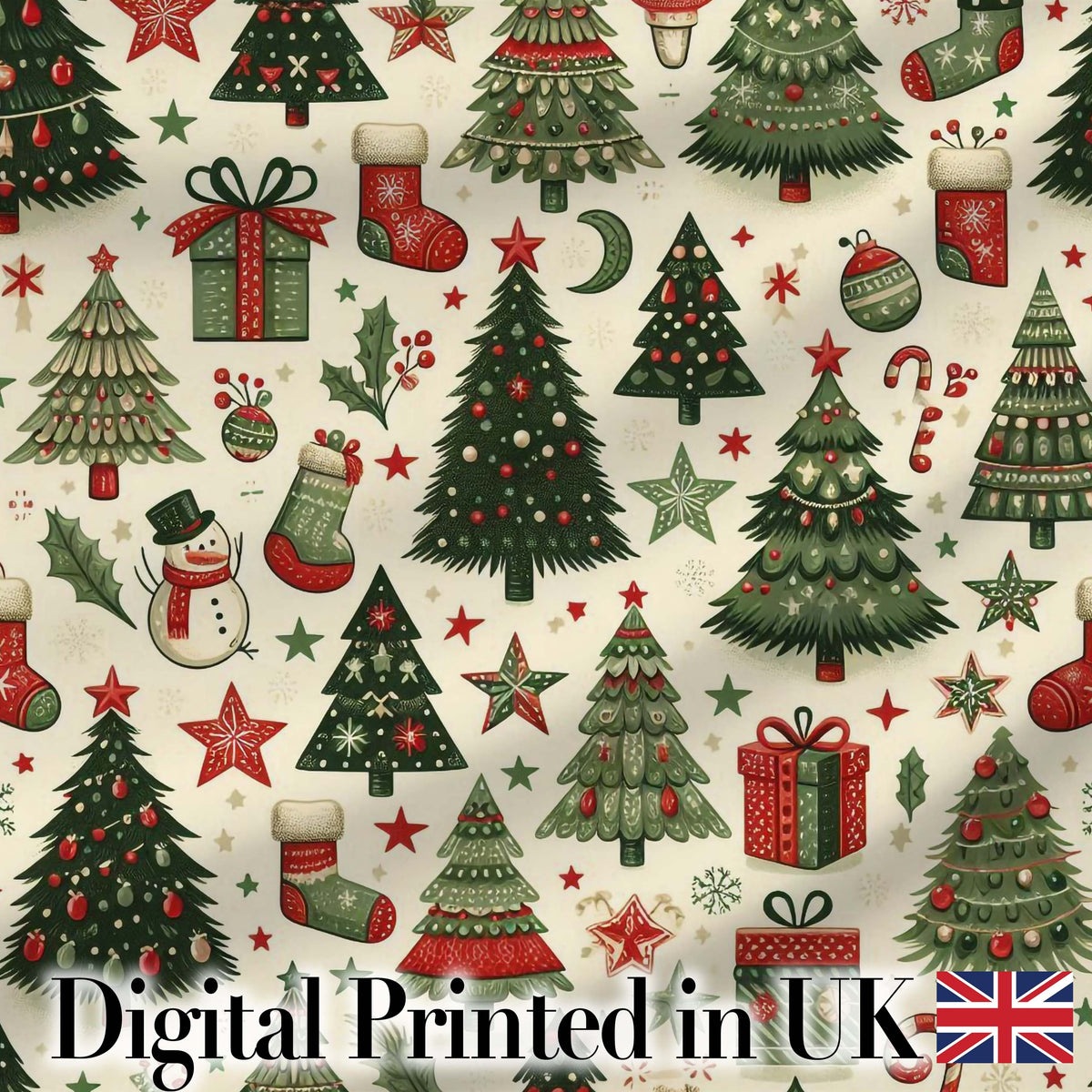Festive Christmas Tree Stocking Snowman Holiday Seamless Pattern Digital Print Fabric by the Metre UK Sewing Quilting Textile