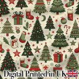 Festive Christmas Tree Stocking Snowman Holiday Seamless Pattern Digital Print Fabric by the Metre UK Sewing Quilting Textile