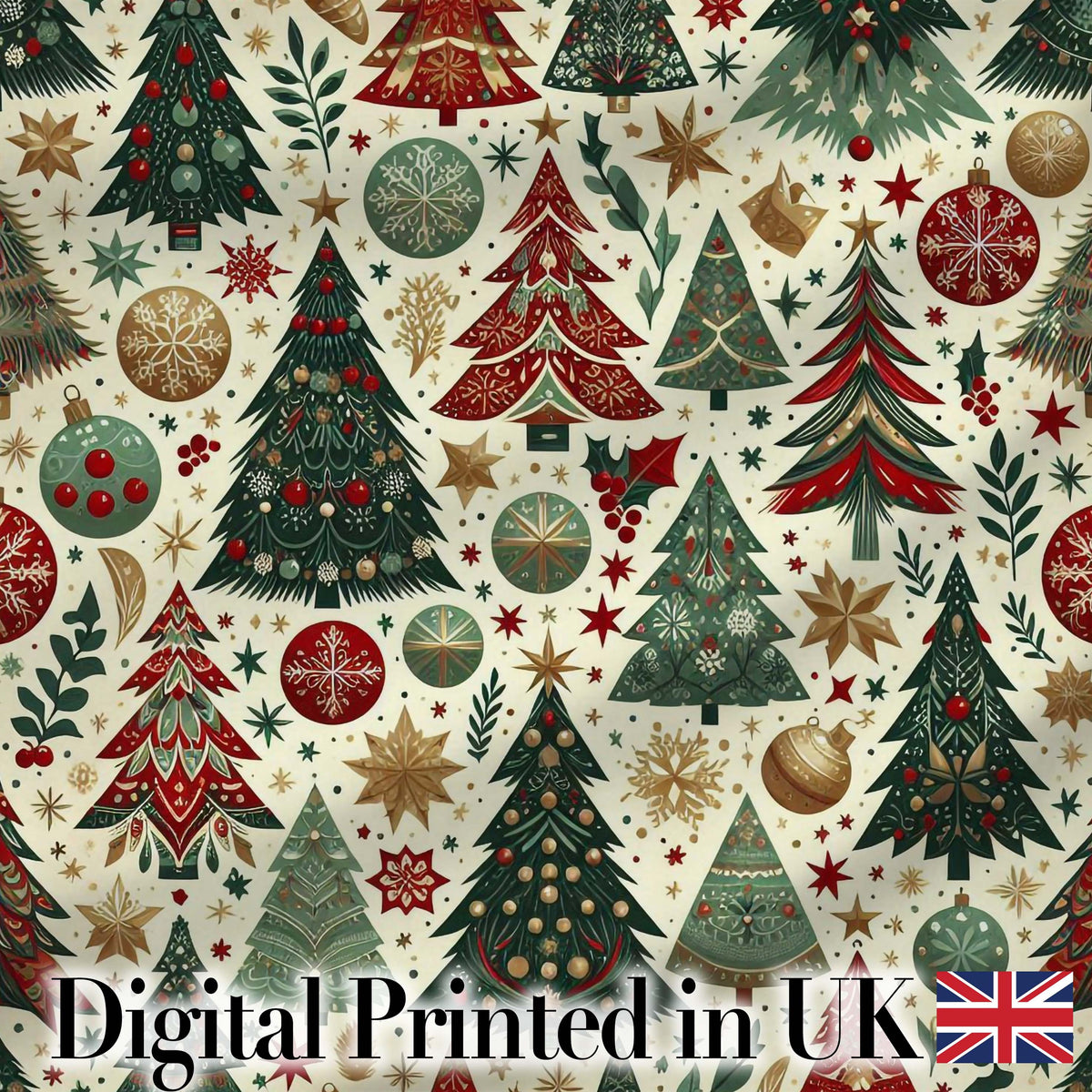Decorative Christmas Tree Ornament Star Holiday Seamless Pattern Digital Print Fabric by the Metre UK Sewing Quilting Textile