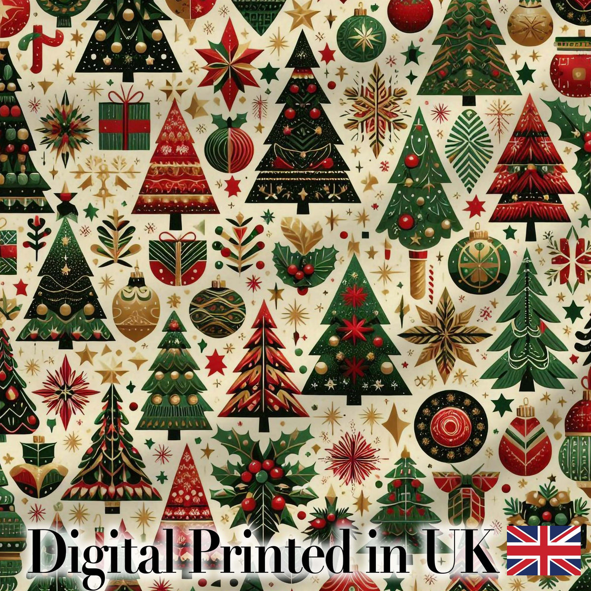 Luxury Christmas Tree Ornament Star Bauble Festive Seamless Pattern Digital Print Fabric by the Metre UK Sewing Quilting Textile