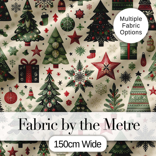 Elegant Christmas Tree Star Snowflake Gift Festive Seamless Pattern Digital Print Fabric by the Metre UK Sewing Quilting Textile