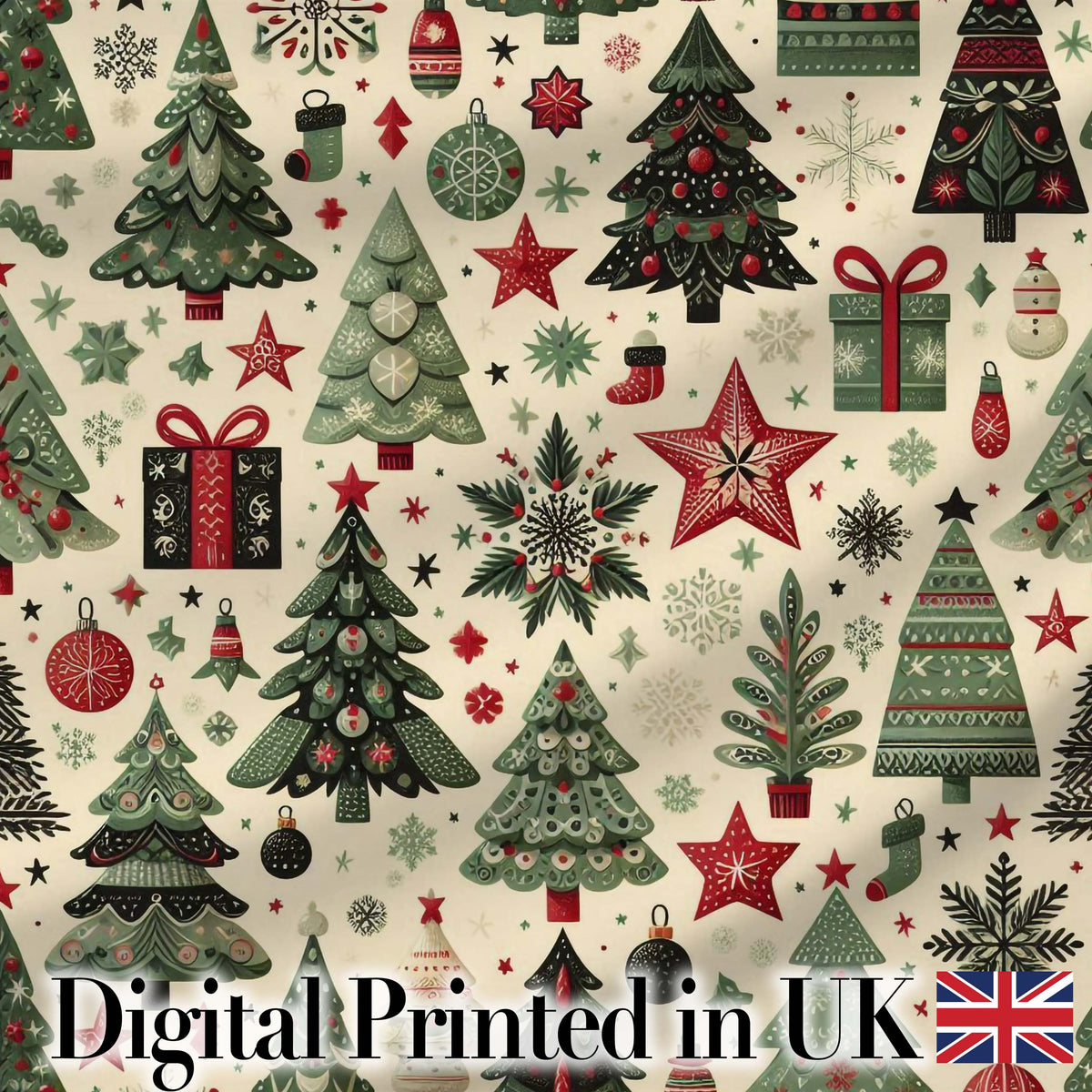 Elegant Christmas Tree Star Snowflake Gift Festive Seamless Pattern Digital Print Fabric by the Metre UK Sewing Quilting Textile