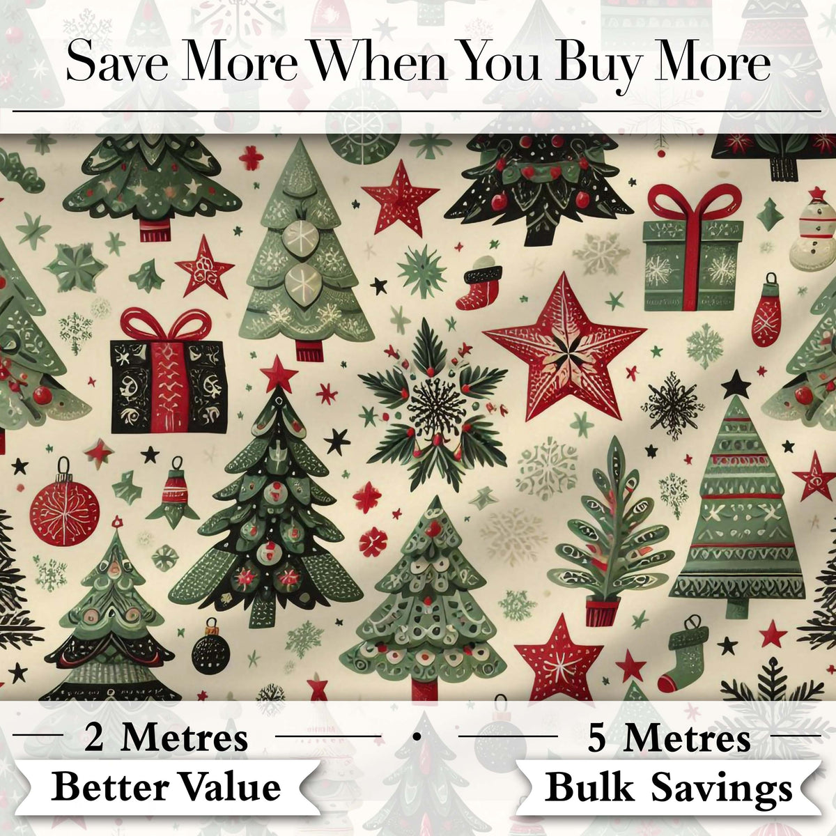 Elegant Christmas Tree Star Snowflake Gift Festive Seamless Pattern Digital Print Fabric by the Metre UK Sewing Quilting Textile