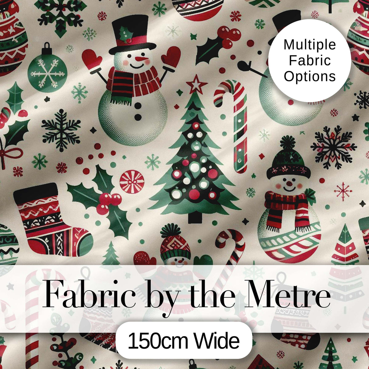 Cute Snowman Candy Cane Christmas Tree Festive Seamless Pattern Digital Print Fabric by the Metre UK Sewing Quilting Textile