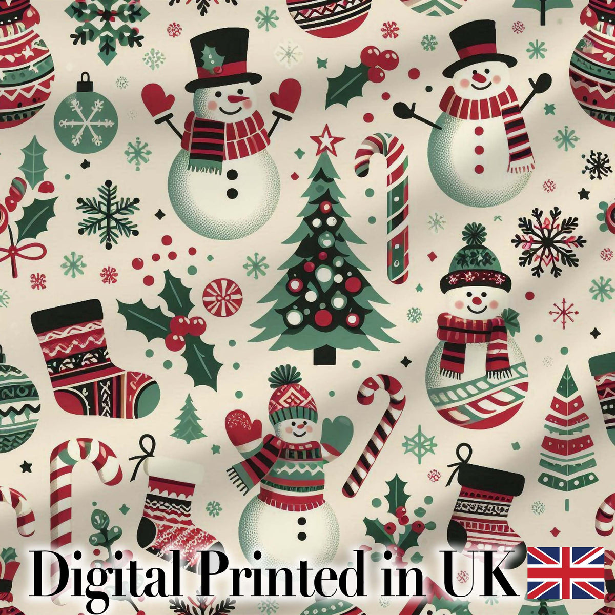 Cute Snowman Candy Cane Christmas Tree Festive Seamless Pattern Digital Print Fabric by the Metre UK Sewing Quilting Textile