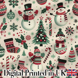 Cute Snowman Candy Cane Christmas Tree Festive Seamless Pattern Digital Print Fabric by the Metre UK Sewing Quilting Textile