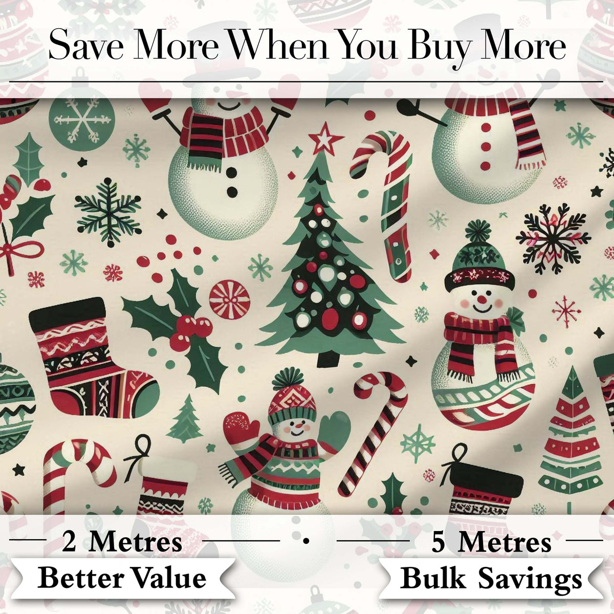 Cute Snowman Candy Cane Christmas Tree Festive Seamless Pattern Digital Print Fabric by the Metre UK Sewing Quilting Textile