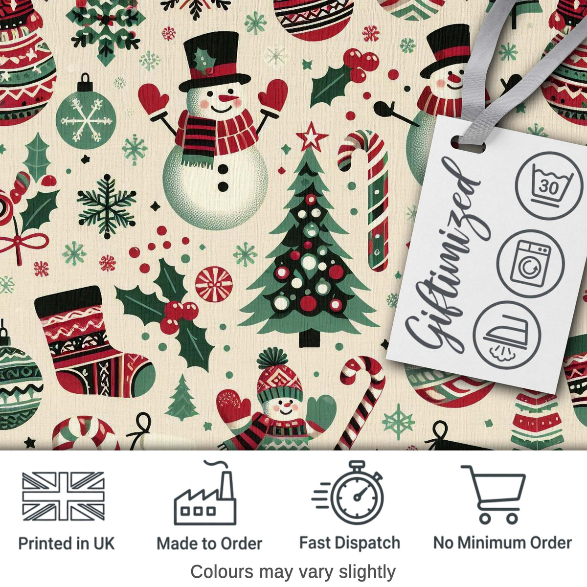 Cute Snowman Candy Cane Christmas Tree Festive Seamless Pattern Digital Print Fabric by the Metre UK Sewing Quilting Textile