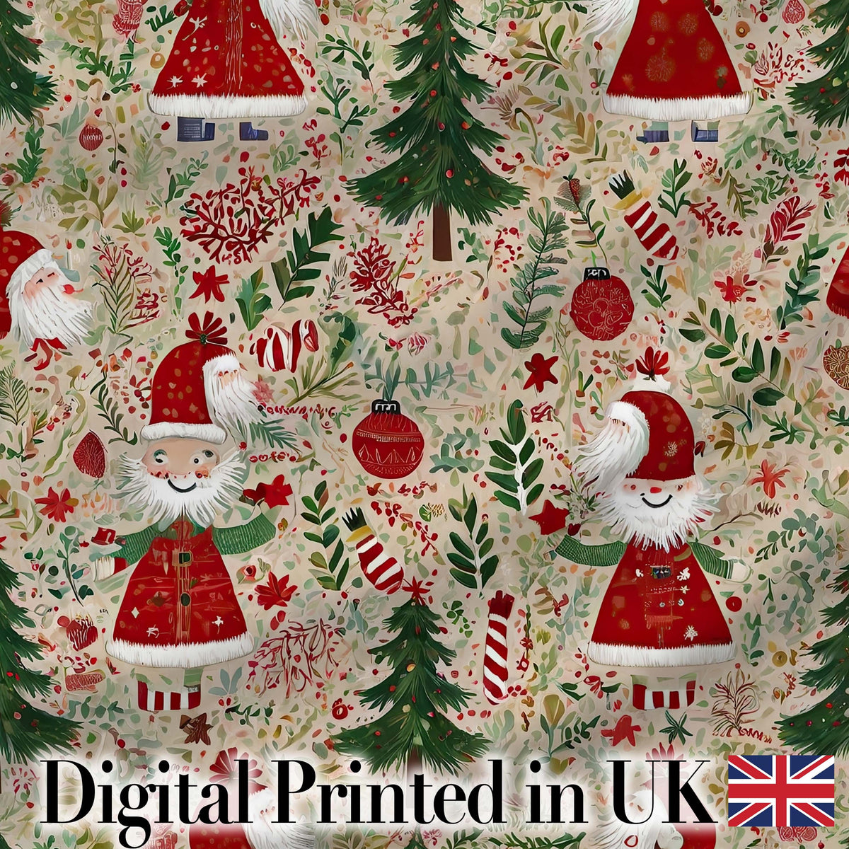 Cute Christmas Gnome Santa Tree Holiday Festive Seamless Pattern Digital Print Fabric by the Metre UK Sewing Quilting Textile