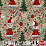 Cute Christmas Gnome Santa Tree Holiday Festive Seamless Pattern Digital Print Fabric by the Metre UK Sewing Quilting Textile