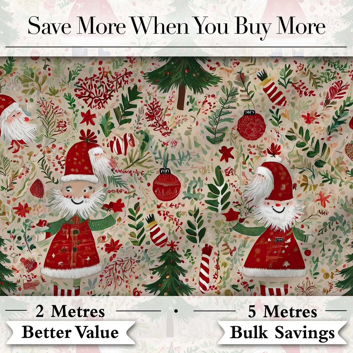 Cute Christmas Gnome Santa Tree Holiday Festive Seamless Pattern Digital Print Fabric by the Metre UK Sewing Quilting Textile