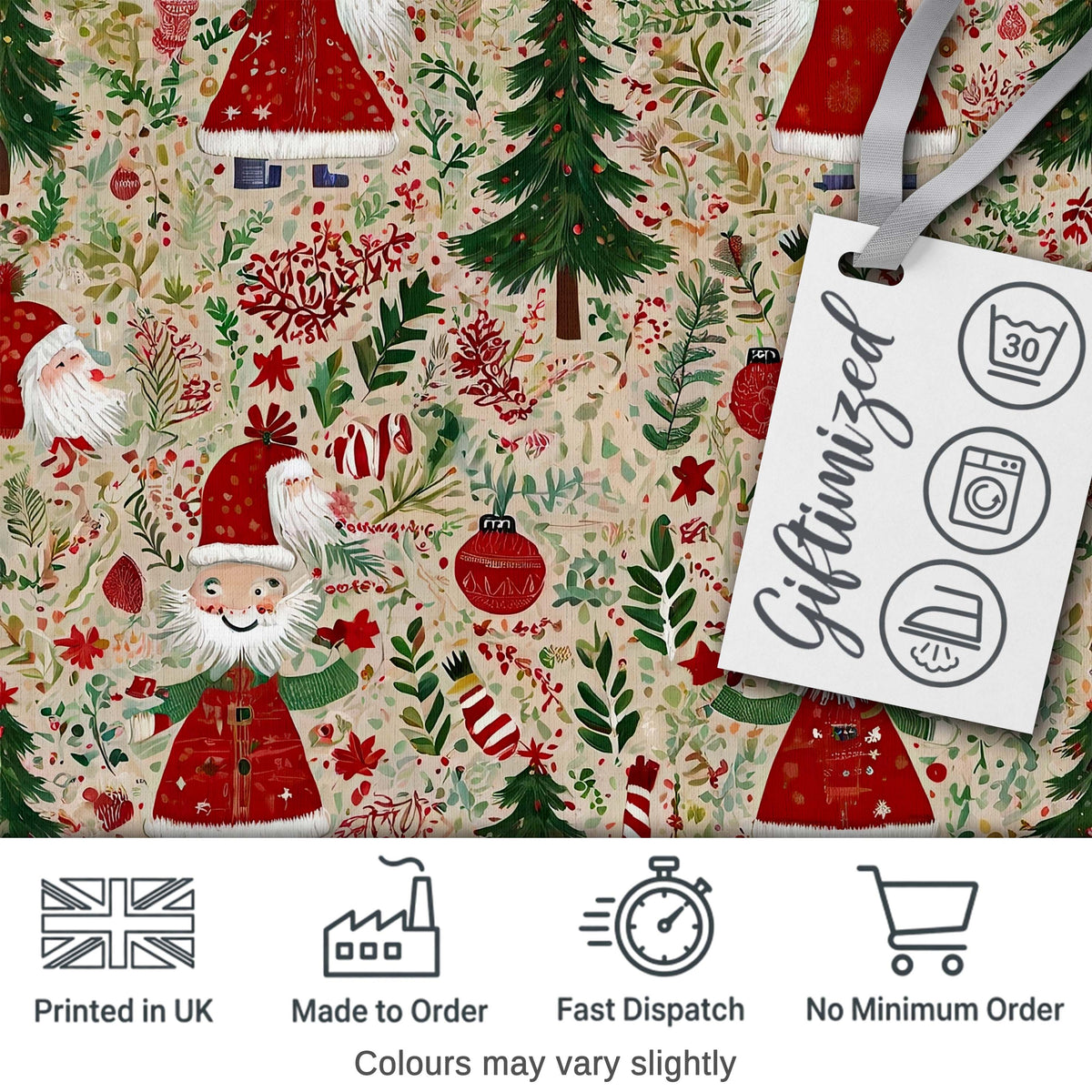 Cute Christmas Gnome Santa Tree Holiday Festive Seamless Pattern Digital Print Fabric by the Metre UK Sewing Quilting Textile