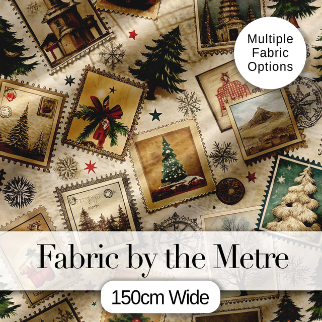 Vintage Christmas Village Tree Stamp Collage Rustic Festive Seamless Pattern Digital Print Fabric by the Metre UK Sewing Quilting Textile