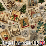 Vintage Christmas Village Tree Stamp Collage Rustic Festive Seamless Pattern Digital Print Fabric by the Metre UK Sewing Quilting Textile