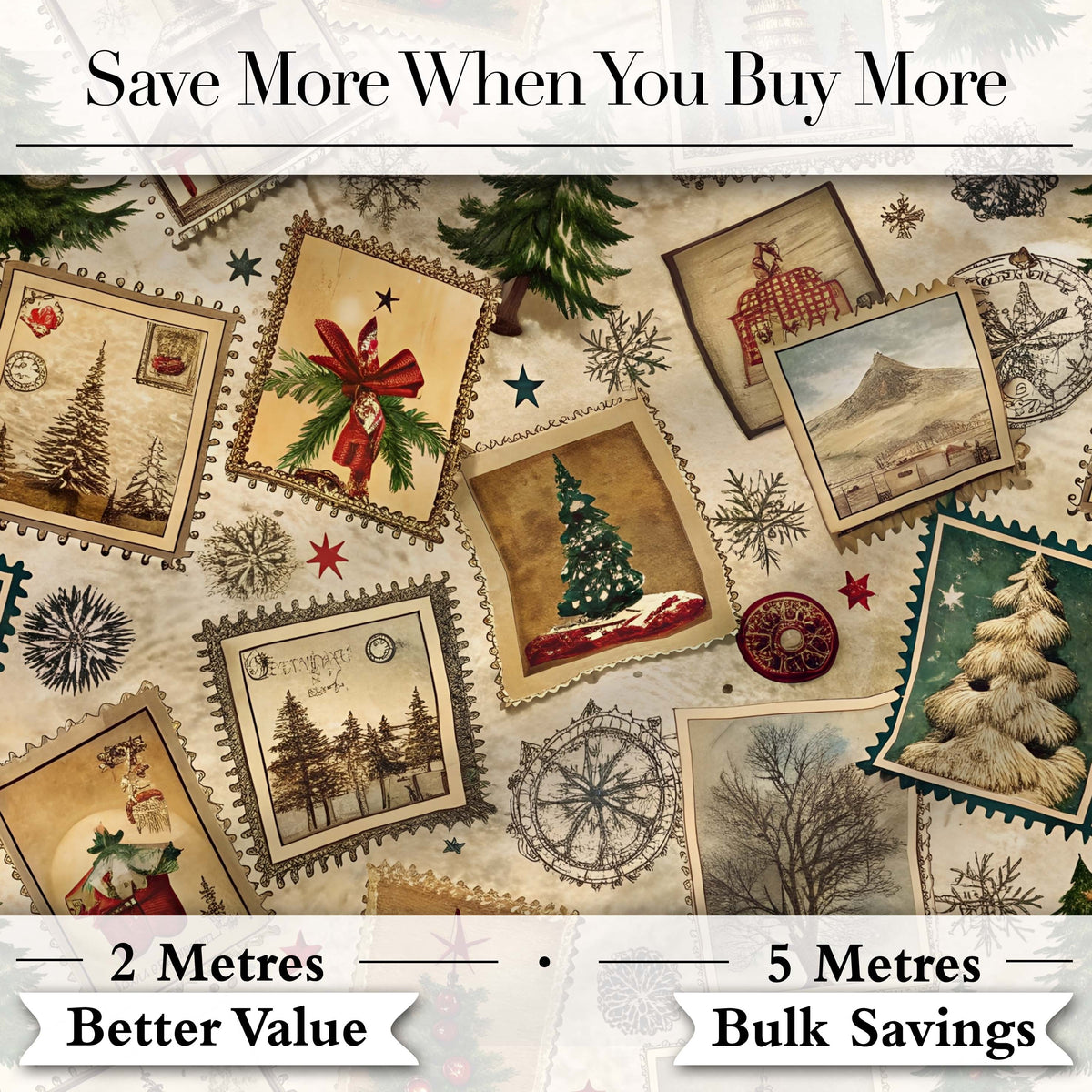 Vintage Christmas Village Tree Stamp Collage Rustic Festive Seamless Pattern Digital Print Fabric by the Metre UK Sewing Quilting Textile