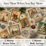 Vintage Christmas Village Tree Stamp Collage Rustic Festive Seamless Pattern Digital Print Fabric by the Metre UK Sewing Quilting Textile