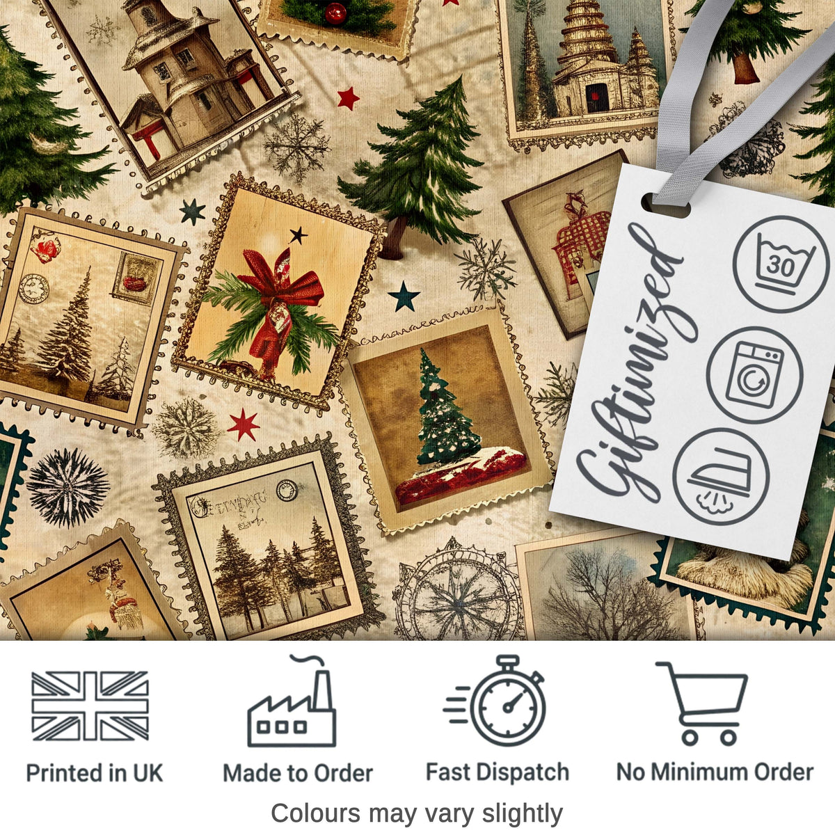 Vintage Christmas Village Tree Stamp Collage Rustic Festive Seamless Pattern Digital Print Fabric by the Metre UK Sewing Quilting Textile