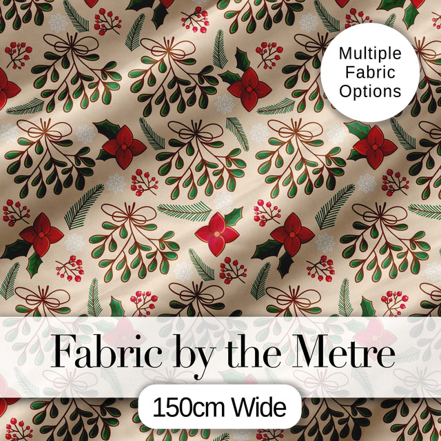 Festive Christmas Mistletoe Bow Berry Seamless Pattern Digital Print Fabric by the Metre UK Sewing Quilting Textile