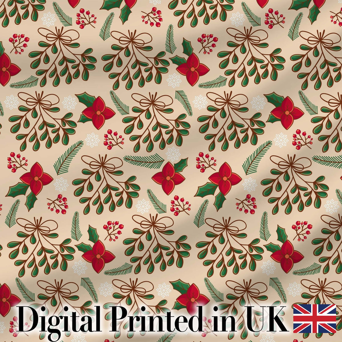 Festive Christmas Mistletoe Bow Berry Seamless Pattern Digital Print Fabric by the Metre UK Sewing Quilting Textile