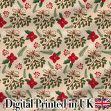 Festive Christmas Mistletoe Bow Berry Seamless Pattern Digital Print Fabric by the Metre UK Sewing Quilting Textile