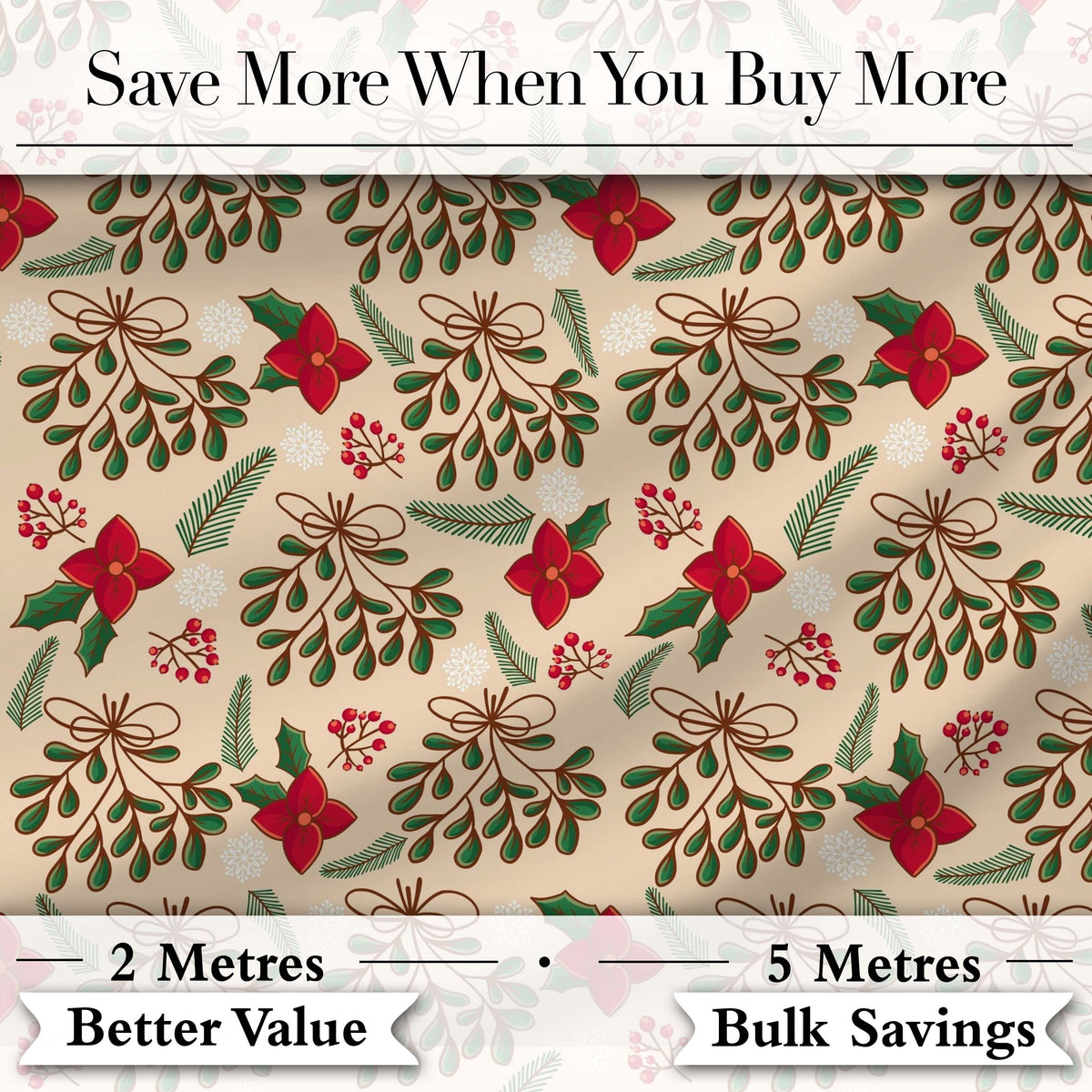 Festive Christmas Mistletoe Bow Berry Seamless Pattern Digital Print Fabric by the Metre UK Sewing Quilting Textile