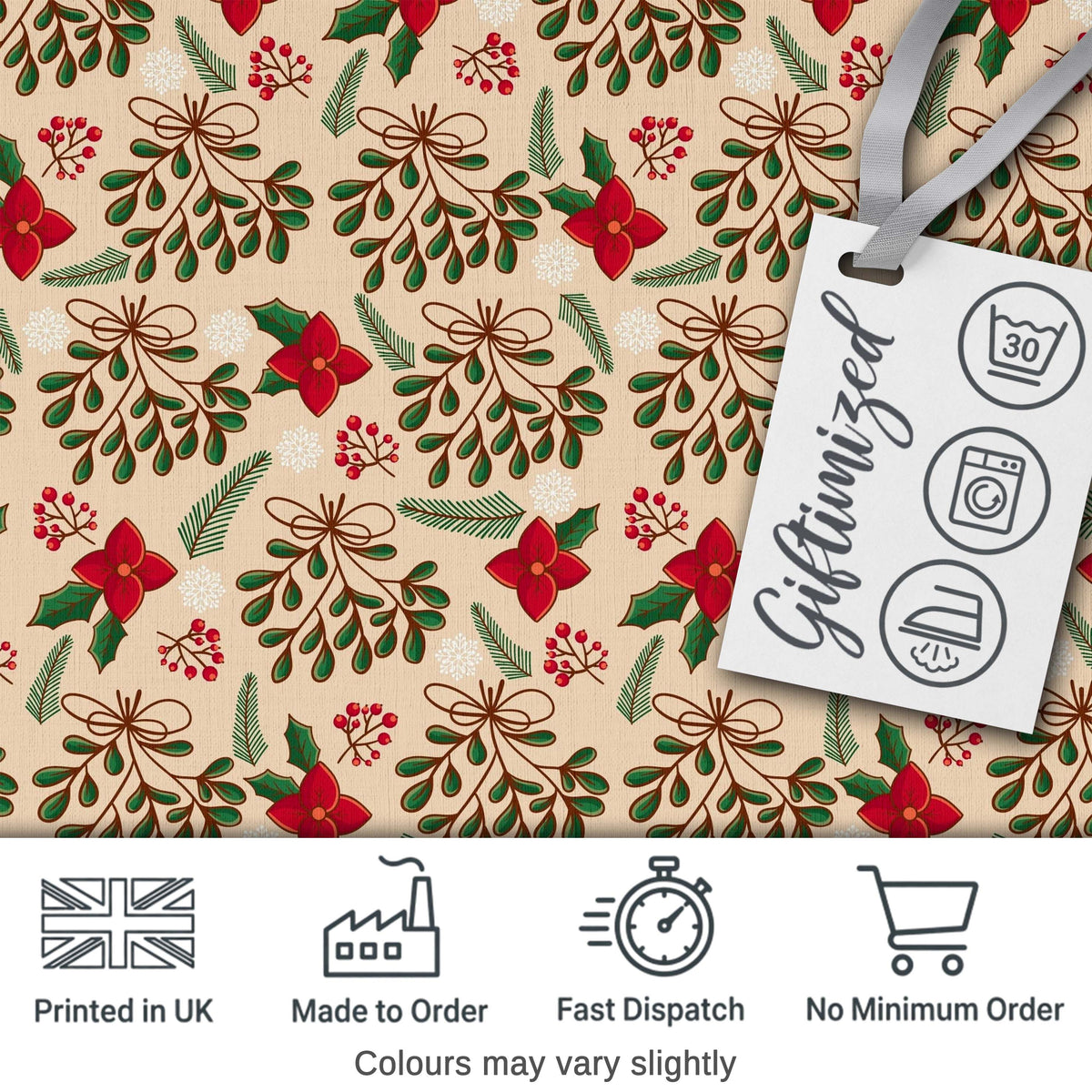 Festive Christmas Mistletoe Bow Berry Seamless Pattern Digital Print Fabric by the Metre UK Sewing Quilting Textile