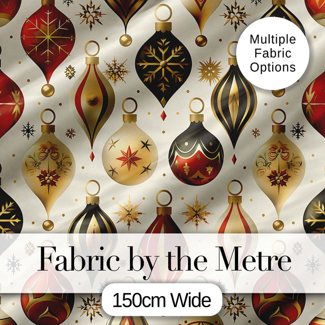 Luxury Christmas Gold Red Bauble Ornament Elegant Seamless Pattern Digital Print Fabric by the Metre UK Sewing Quilting Textile