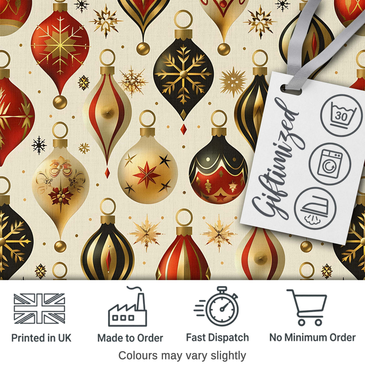 Luxury Christmas Gold Red Bauble Ornament Elegant Seamless Pattern Digital Print Fabric by the Metre UK Sewing Quilting Textile