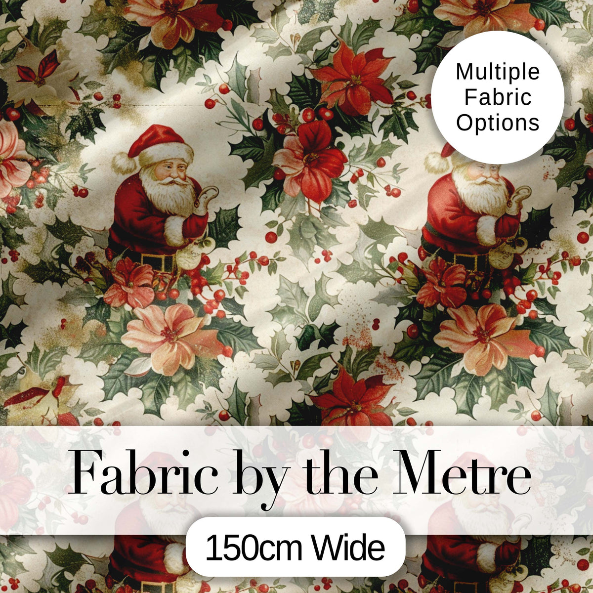 Vintage Santa Claus Holly Floral Christmas Seamless Pattern Digital Print Fabric by the Metre UK Sewing Quilting Textile