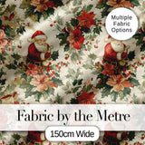 Vintage Santa Claus Holly Floral Christmas Seamless Pattern Digital Print Fabric by the Metre UK Sewing Quilting Textile