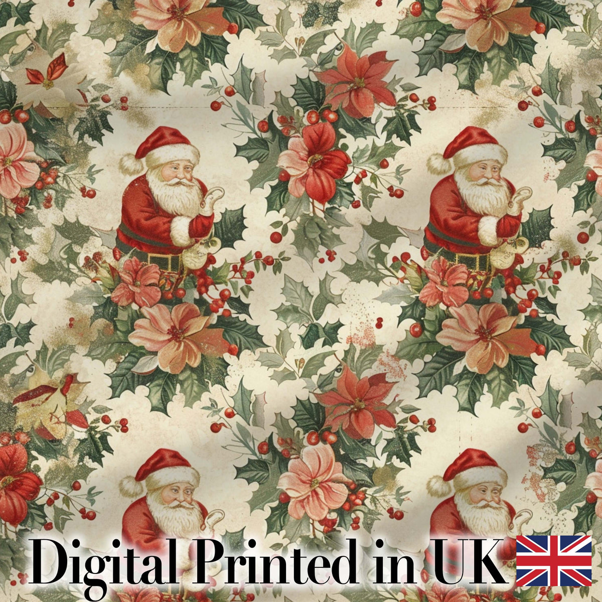 Vintage Santa Claus Holly Floral Christmas Seamless Pattern Digital Print Fabric by the Metre UK Sewing Quilting Textile